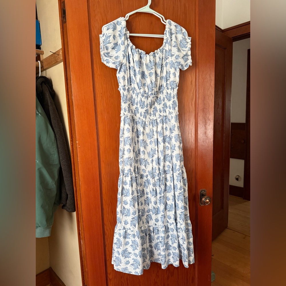 Blue and White Smocked Tiered Maxi Sundress